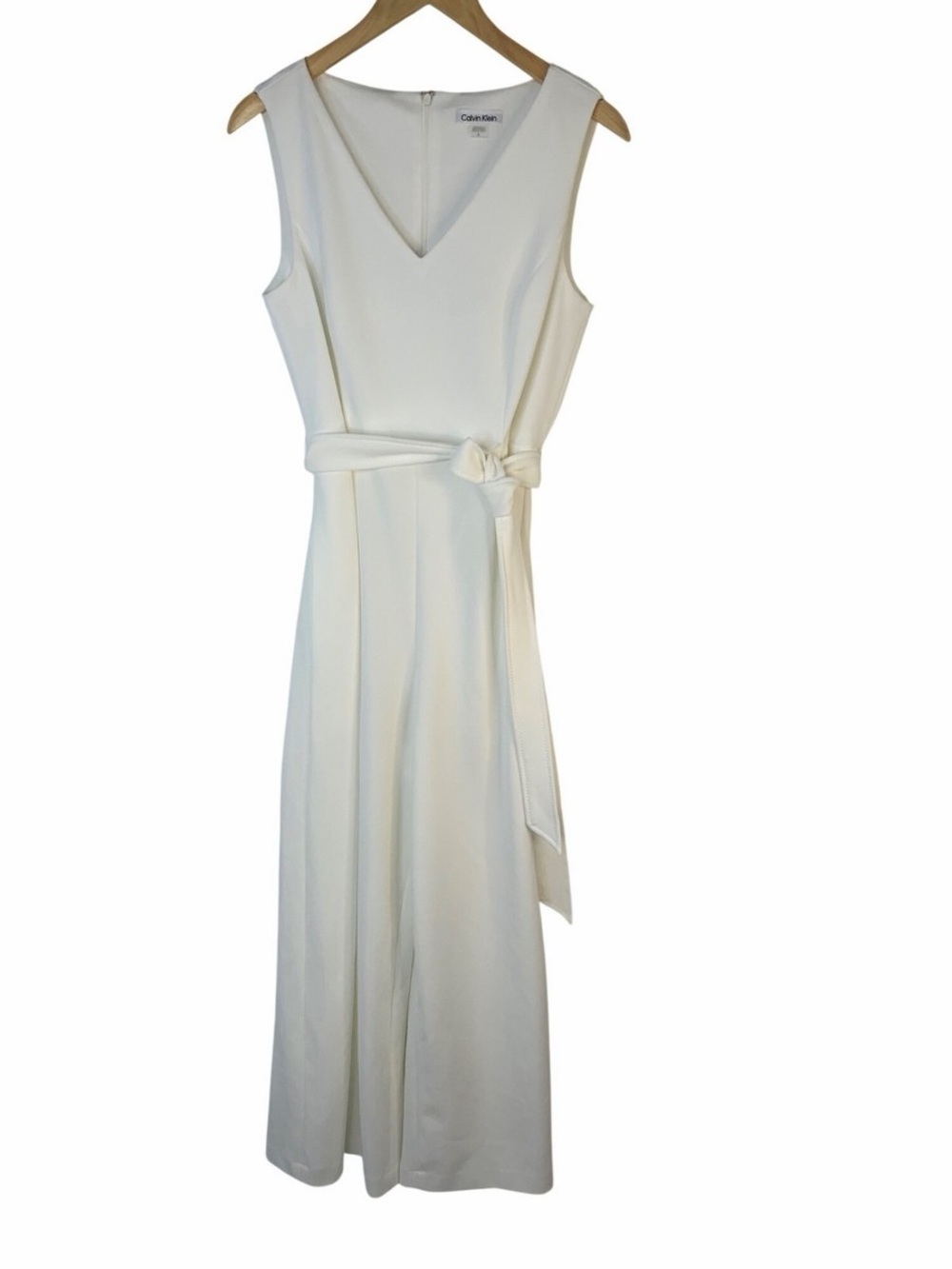 Calvin Klein White V-Neck Sleeveless Belted Jumpsuit with Pockets